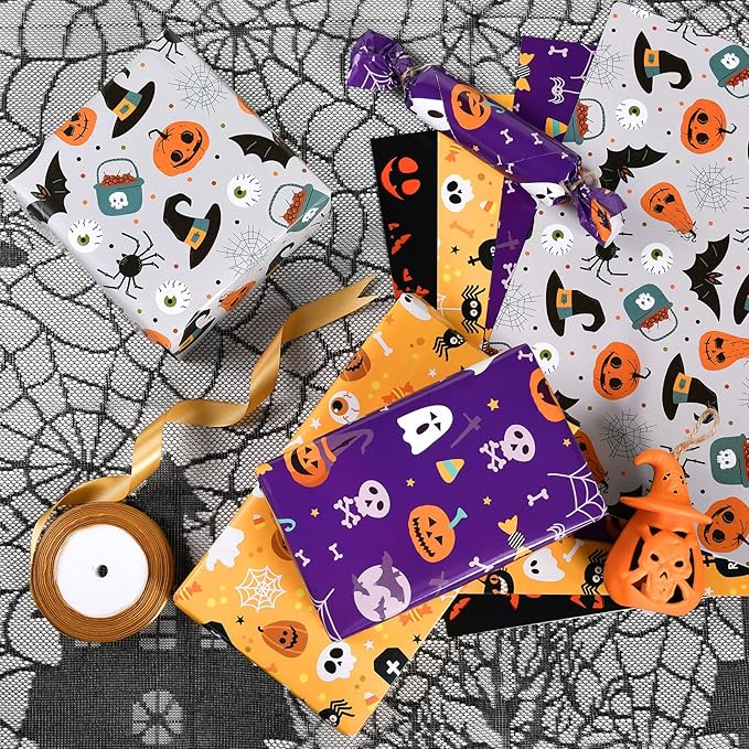 PlandRichW Halloween Wrapping Paper 12 Sheets Folded for Boys Girls Kids Man Women,Pumpkin Spooky Witch Hat Bat Halloween Decorations,Holiday,Party,Baby Shower Present Packing Each 20" X 29"