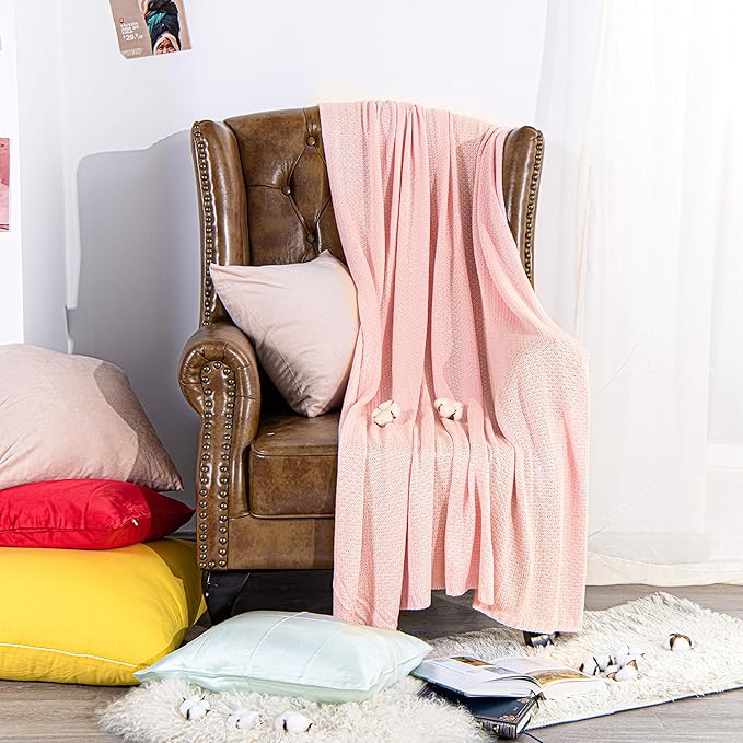 NTBAY Cable Knit Cooling Bed Blanket, Soft and Breathable Oversized Twin Bed Blanket 60x80 Inches Made from Rayon Derived from Bamboo for Bedroom, Travel, Pink