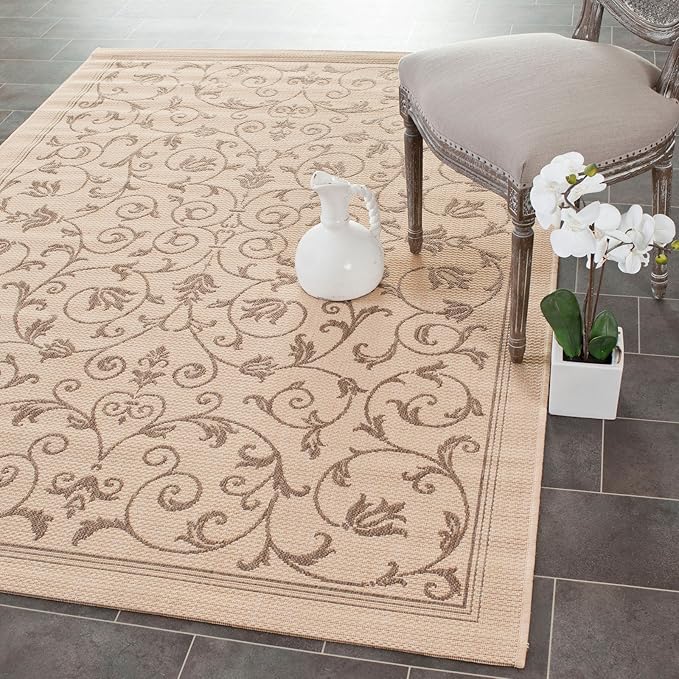 SAFAVIEH Washable Rug Outdoor Courtyard Collection - 5'3" Round, Red & Natural, Non-Shedding & Easy Cleaning, Ideal for Patio, Backyard, Mudroom (CY2098-3707)