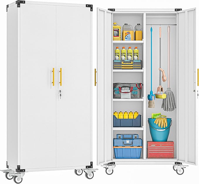 71" Broom Storage Cabinet, Cleaning Tool Storage Cabinet, Garage Utility Storage with Hooks and Hanging Rods, Heavy Duty Garden Tool Organizer, for Home, Garage, Laundry Room, Gym, Workshop