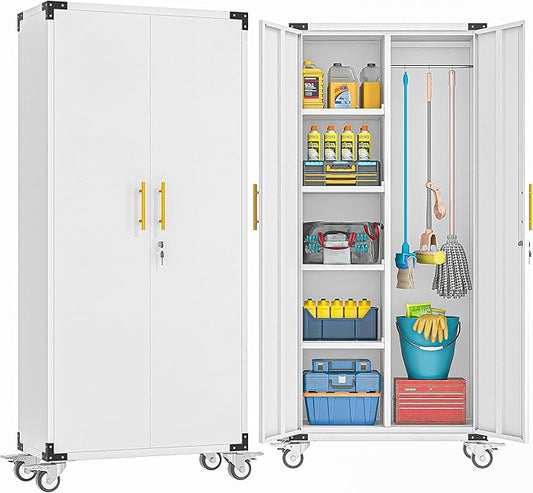 71" Broom Storage Cabinet, Cleaning Tool Storage Cabinet, Garage Utility Storage with Hooks and Hanging Rods, Heavy Duty Garden Tool Organizer, for Home, Garage, Laundry Room, Gym, Workshop