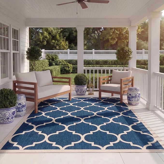 SAFAVIEH Courtyard Collection 8' x 11' Navy/Beige CY6914 Trellis Indoor/ Outdoor Waterproof Easy-Cleaning Patio Backyard Mudroom Area-Rug
