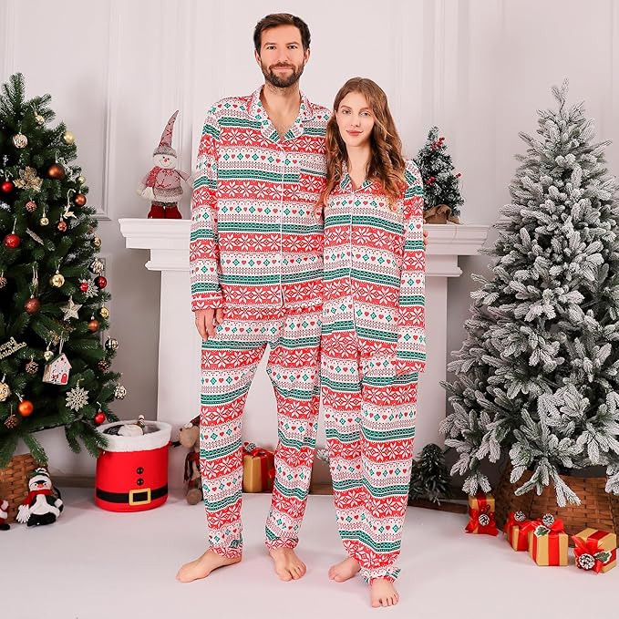 ANGELGGH Family Christmas PJs Matching Sets 2 Pcs Festival Party Pajamas Holiday Warm Sleepwear Couples Button Loungewear