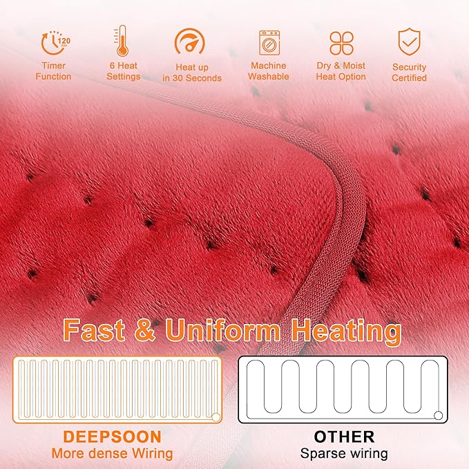 Deepsoon Heating Pad,Electric Heating Pads for Back,Neck,Abdomen,Moist Heating Pad for Shoulder,Knee,Arms,Legs,Dry/Moist Heat & Auto Shut Off,Christmas Gifts for Men and Women,Red,33x17 Inch