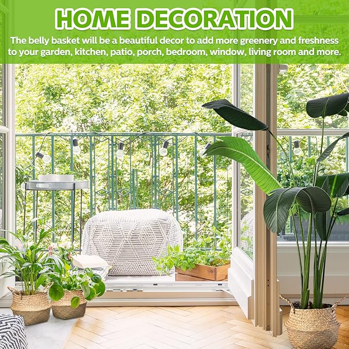 Qunclay 4 Pcs Woven Seagrass Baskets Belly Basket Folding Boho Natural Plant Pot with Handles Round Decorative Wicker Large Indoor Planter for Home Outdoor Tree Planters Decor (9 x 11 Inch)