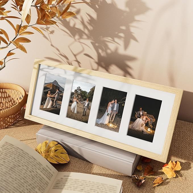 Vittanly 8x20 Collage Picture Frame, Displays 4Pcs 4x6 Pictures with Mat or 1Pcs 8x20 without Mat, Picture Frames Collage Wall Decor for Horizontal or Vertical Display, Nature Wood, 1 Pack