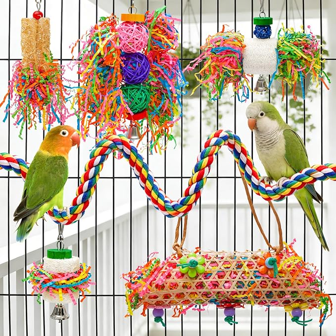 6PCS Bird Parrot Foraging Toys with Rope Perch Parakeet Chewing Hanging Toy Shredded Paper Cage Accessories for Small Parrots Parakeets Conures Cockatiels Love Birds Cage Toy