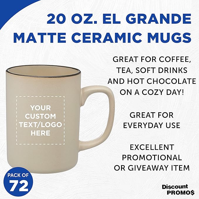 Custom El Grande Matte Ceramic Mugs 20 oz. Set of 72, Personalized Bulk Pack - Perfect for Tea, Espresso, Cappuccino, Hot Cocoa - Beige