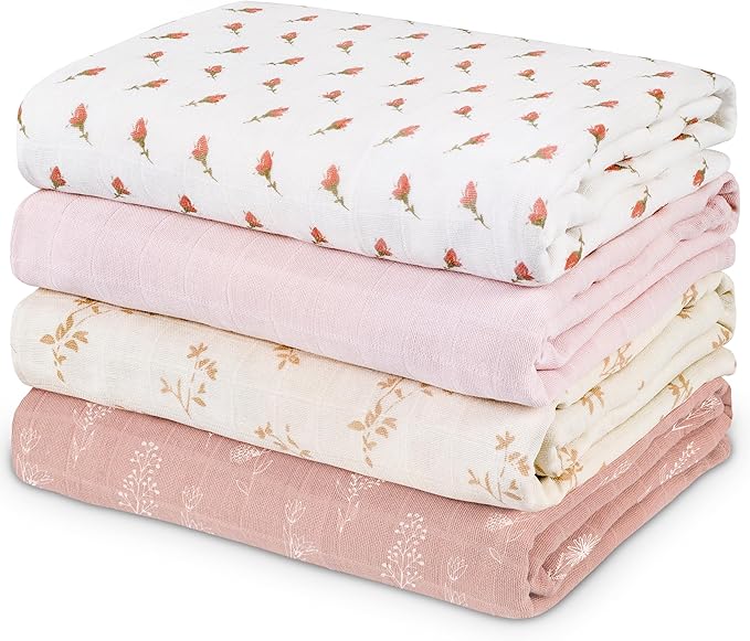 Muslin Swaddle Blankets for Newborn, 4 Pack Organic Cotton Baby Blankets for Girls, Large 31.5 x 43.3 Breathable Soft Receiving Blanket, Essentials Swaddle Wrap Burping Clothes, Flowers