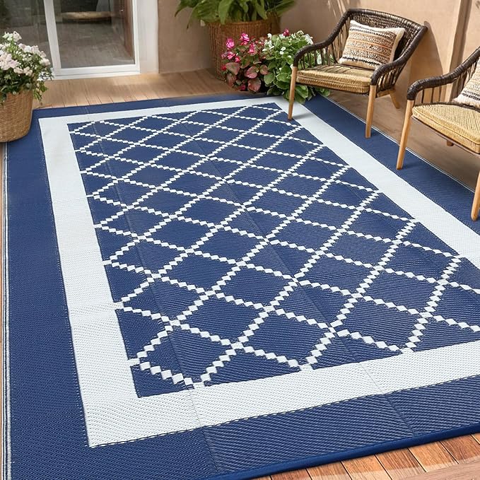 Outdoor Rug for Patio 9x12 Waterproof Camping Mat Reversible Plastic Straw Floor Carpet Modern Diamond Indoor Outdoor Large Area Rug for RV Deck Balcony Backyard Blue/White