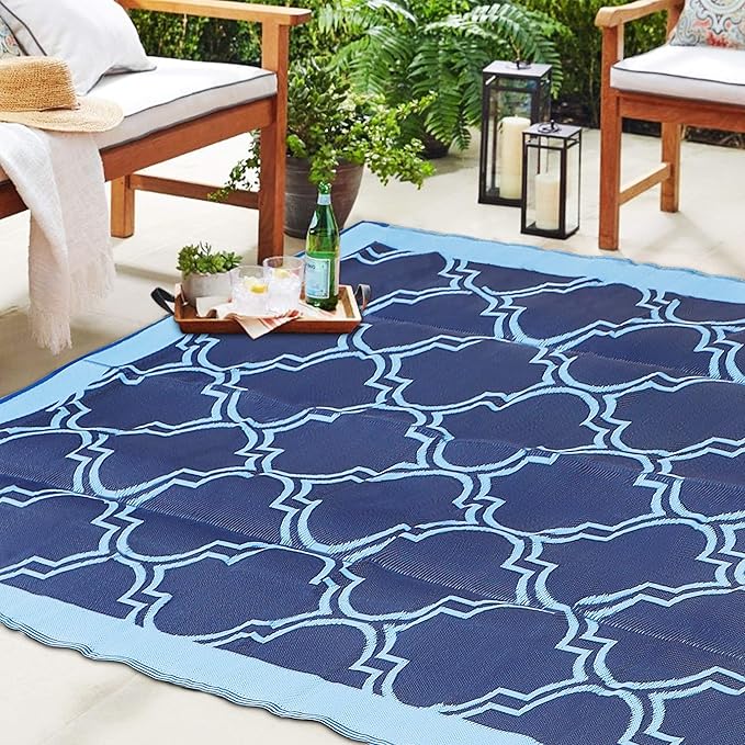 SAND MINE Reversible Mats, Plastic Straw Rug, Modern Area Rug, Large Floor Mat and Rug for Outdoors, RV, Patio, Backyard, Deck, Picnic, Beach, Trailer, Camping (5' x 8', Blue Quatrefoil)