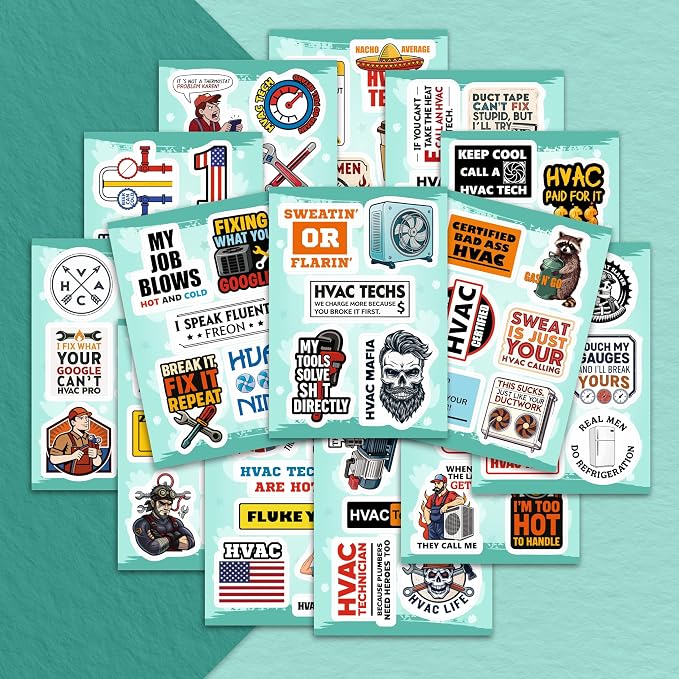 100Pcs HVAC Stickers Hard Hat, Water Bottle, Laptop – HVAC Toolbox Decals – Air Conditioning Stickers - Funny Hard Hat Decals - Gifts for Men & Women