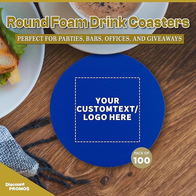 100 Round Foam Bud Coasters Pack, 4 inch - Customizable Text, Logo - PU Foam, Party Favor - Royal Blue