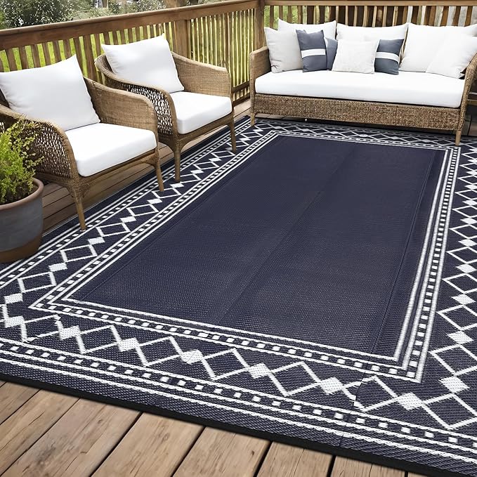 9x18 Large Outdoor Rug,Modern Bordered Plastic Straw Carpet,Waterproof Lightweight Outdoor Carpet,Easy Cleaning Folding Uv Resistant Picnic Camping Mat,Black and Blue/White