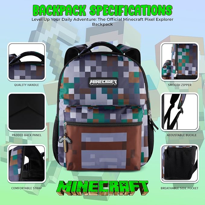 AI ACCESSORY INNOVATIONS Minecraft Backpack for Kids, Pixelated Block Print Design with Adjustable Straps, 16 Inch Rectangular Daypack, 3 Zippered Compartments, Water Repellent Polyester