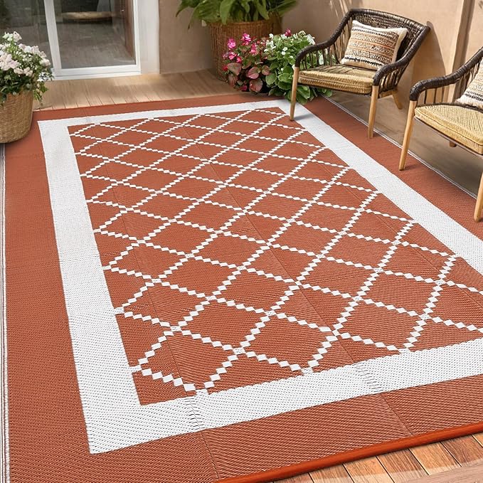 Outdoor Rug 10x14 Waterproof Reversible Mat Indoor Outdoor Plastic Straw Rus Carpet All Weather Modern Trellis RV Mat Carpet for Patio Deck Balcony Pool Picnic Orange/White
