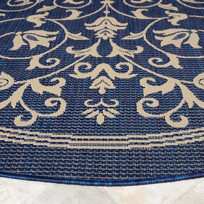 SAFAVIEH Courtyard Collection 4' Round Navy/Beige CY2098 Scroll Indoor/ Outdoor Waterproof Easy Cleaning Patio Backyard Mudroom Area Rug
