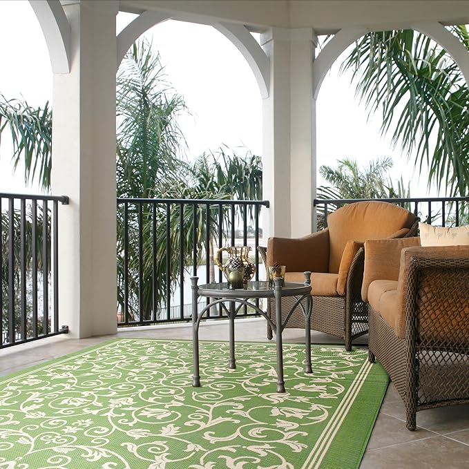 SAFAVIEH Courtyard Collection 8' x 10' Olive / Natural CY2098 Scroll Indoor/ -Outdoor -Waterproof Easy -Cleaning Patio Backyard Mudroom Area -Rug