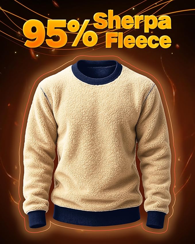 Boladeci Men's Full Sherpa Lined Crewneck Sweatshirts Heavy-weight Fleece Pullover Thick Thermal Long Sleeve Cotton