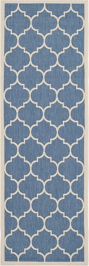 SAFAVIEH Washable Rug Outdoor Courtyard Collection - 2'3" x 10' Runner, Blue & Beige, Non-Shedding & Easy Cleaning, Ideal for Patio, Entryway, Mudroom, Hallway, Kitchen (CY6914-243)
