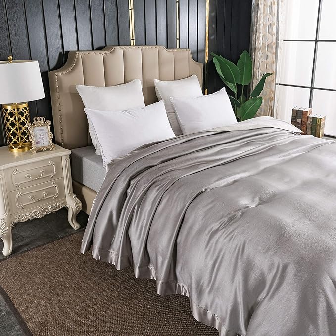 EP Mode Luxury Mulberry Silk Blanket with Silk Charmeuse Border (Flint Grey, Queen 88" x 88")