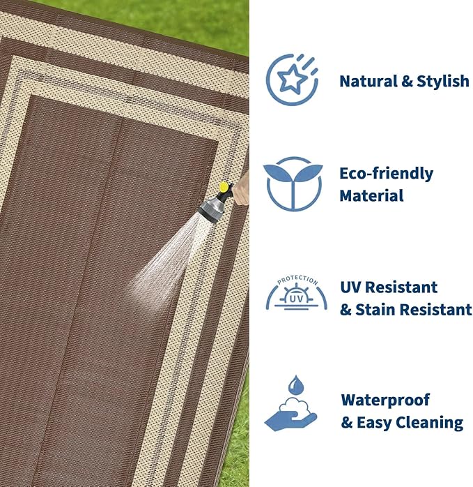 Waterproof Plastic Straw Outdoor Rug 9x18 Patio Reversible UV Resistant Foldable Camping Carpet Modern Border Large Outdoor Rugs for Deck, Picnic, Porch, Camper, Balcony, Beach，Brown