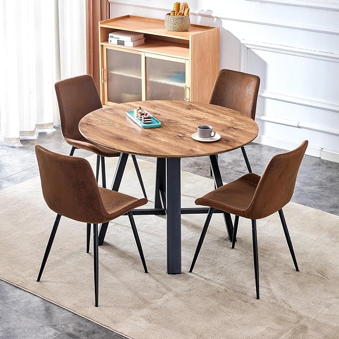 Round Dining Table Set for 4, Modern Kitchen Dining Table Chairs Set for 4,42" Wood Dining Room Table Set & Upholstered Brown PU Leather Chairs for Kitchen Living Office Cafe Small Space