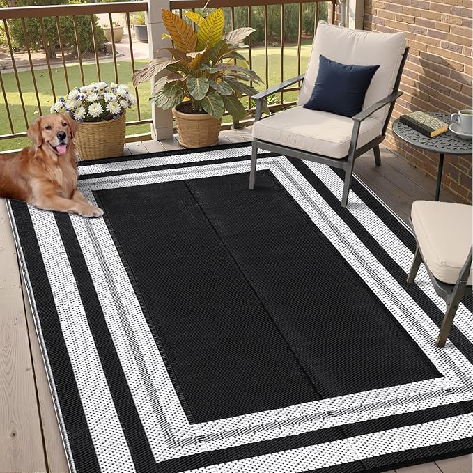 9x12 Outdoor Rug Waterproof Foldable Plastic Straw Carpet for Patio Modern Border Reversible Mat Lightweight Floor Mat for Picnic, Backyard, Rv, Beach, Deck, Camper, Balcony，Black/White