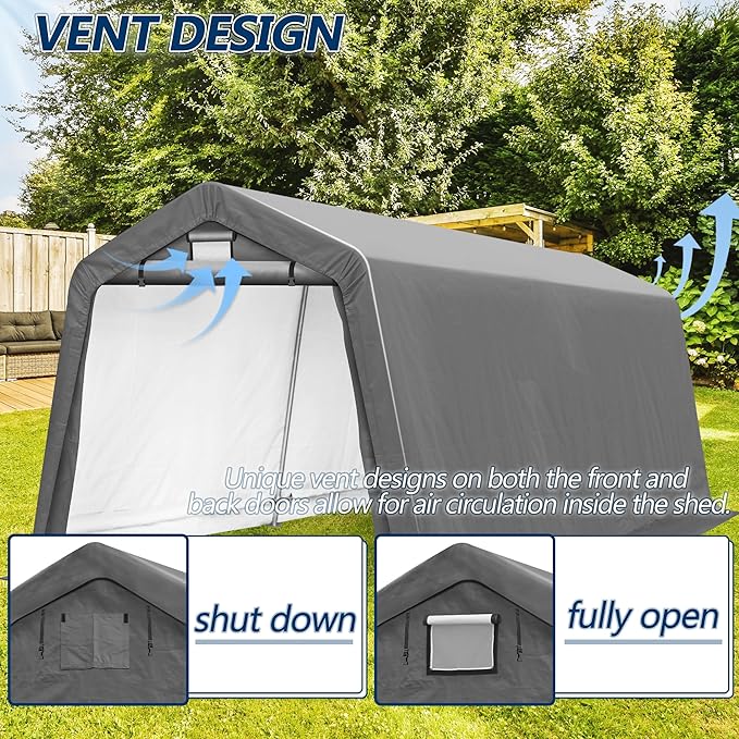 COVERONICS 8' x 14' Outdoor Storage Shed - Heavy Duty Portable Shelter Carport with Ventilation Windows and Roll-up Doors, Storage Shelter Tent for Motorcycle, Bike, Lawnmower and Garden Tools, Grey