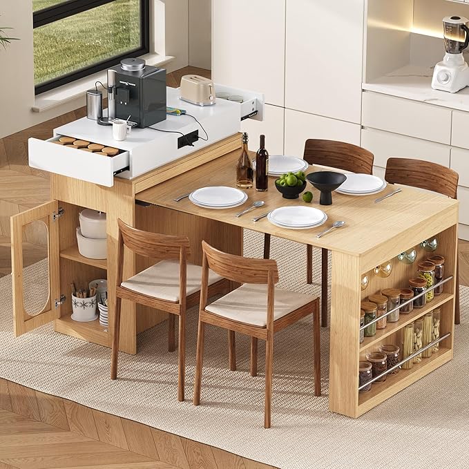Amposei Kitchen Island with Extendable Dining Table & Power Outlet, 58’’ Breakfast Bar Coffee Station Sideboard Glass Door Storage Cabinet with Drawers, Natural & Creamy White