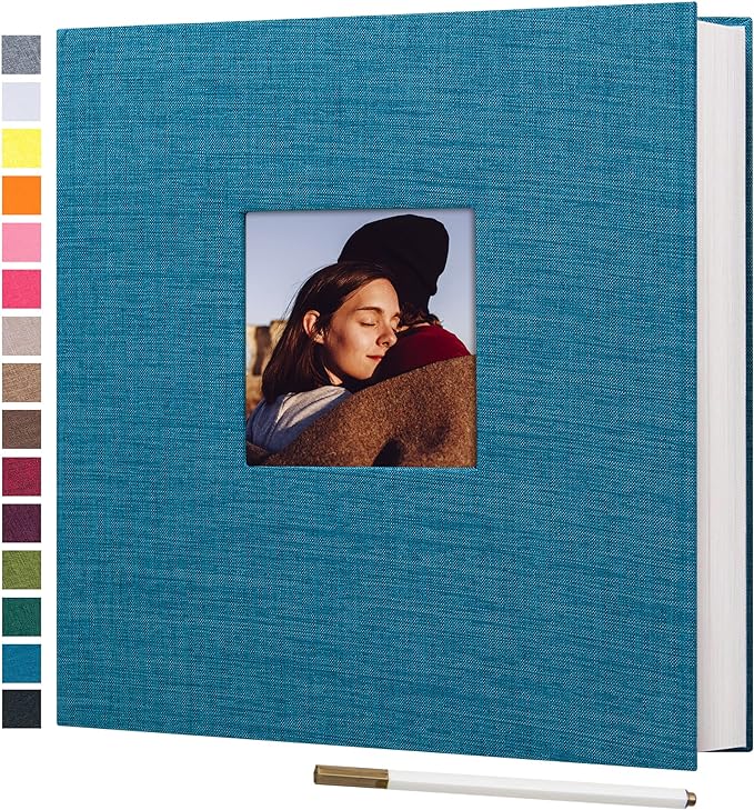 potricher Large Photo Album Self Adhesive 3x5 4x6 5x7 8x10 10x12 Pictures Linen Cover 40 Blank Pages Magnetic DIY Scrapbook Album with A Metallic Pen (Blue, 13.2x12.8 inches 40 Pages)