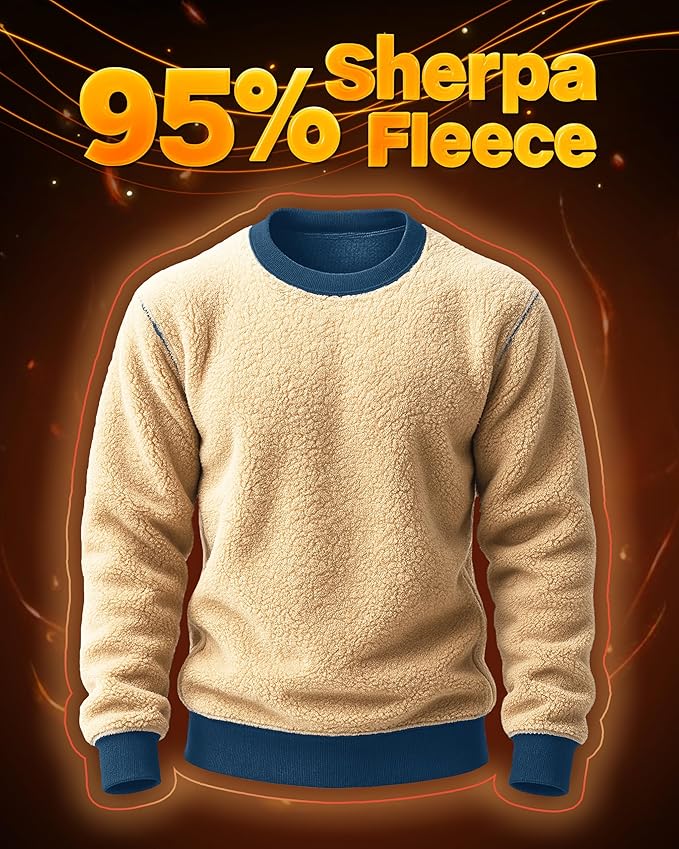 Boladeci Men's Full Sherpa Lined Crewneck Sweatshirts Heavy-weight Fleece Pullover Thick Thermal Long Sleeve Cotton