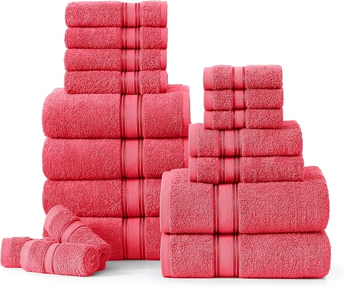 LANE LINEN Towels for Bathroom – 18 Pack, 100% Ring-Spun Cotton, Zero Twist, 6 Bath, 6 Hand Towel & 6 Wash Cloths, Highly Absorbent, Luxury Hotel & Spa Quality, Machine Washable – Honeysuckle