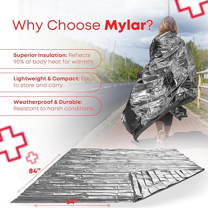 Mylar Emergency Thermal Blankets – Large 54” x 84” Silver Survival Blankets for Outdoors, First Aid, Camping, Hiking, Disaster & Emergency Preparedness - 40 Count