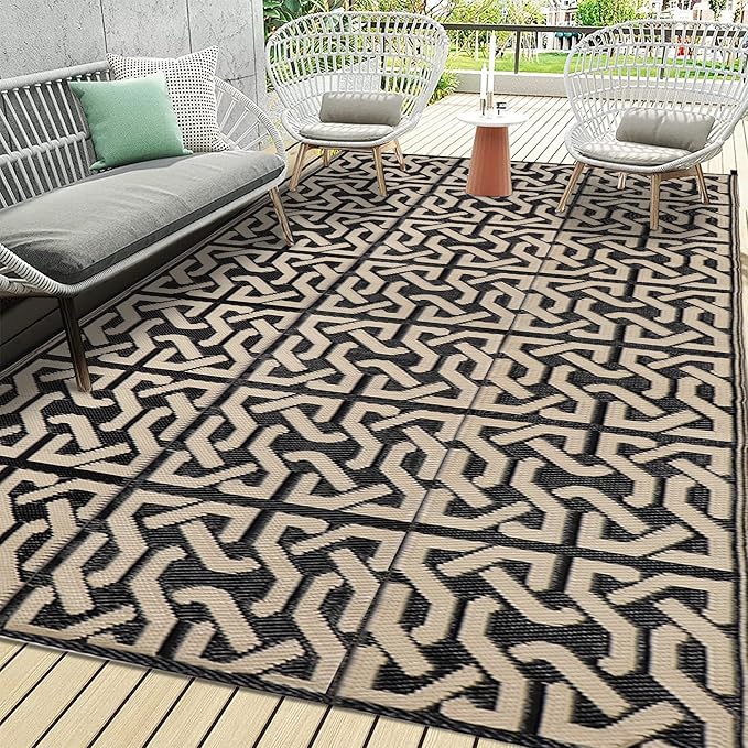 SAND MINE Reversible Mats, Plastic Straw Rug, Modern Area Rug, Large Floor Mat and Rug for Outdoors, RV, Patio, Backyard, Deck, Picnic, Beach, Camping, Trailer, Black & Beige, 9' x 18'