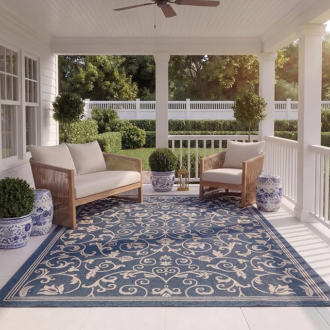 SAFAVIEH Washable Rug Outdoor Courtyard Collection - 8' x 11', Navy & Beige, Non-Shedding & Easy Cleaning, Ideal for Patio, Backyard, Mudroom (CY2098-268)