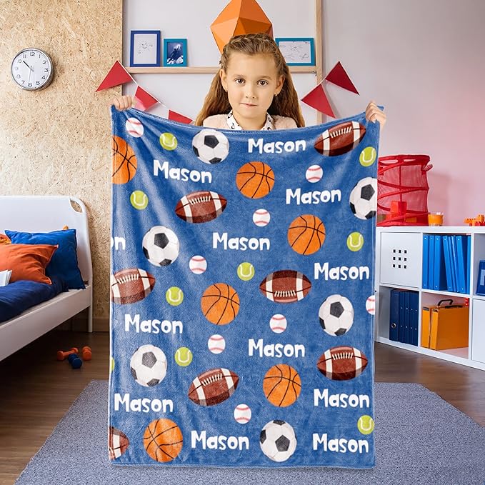 Personalized Ball Blanket with NameforBoysCustom Name BlanketforKids BallSoft Flannel Ball Toddler Blanket CustomizedGiftforBirthday Christmas Baby Shower Newborn Gift 60in X 80in 6-balls-blue