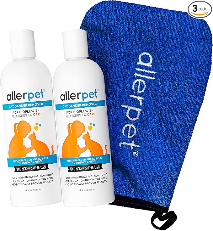 Allerpet Cat Dander Remover w/Free Applicator Mitt - Effective Cat Dander Reduction - Anti Allergen Solution Made in USA - 2 Pack (12oz)