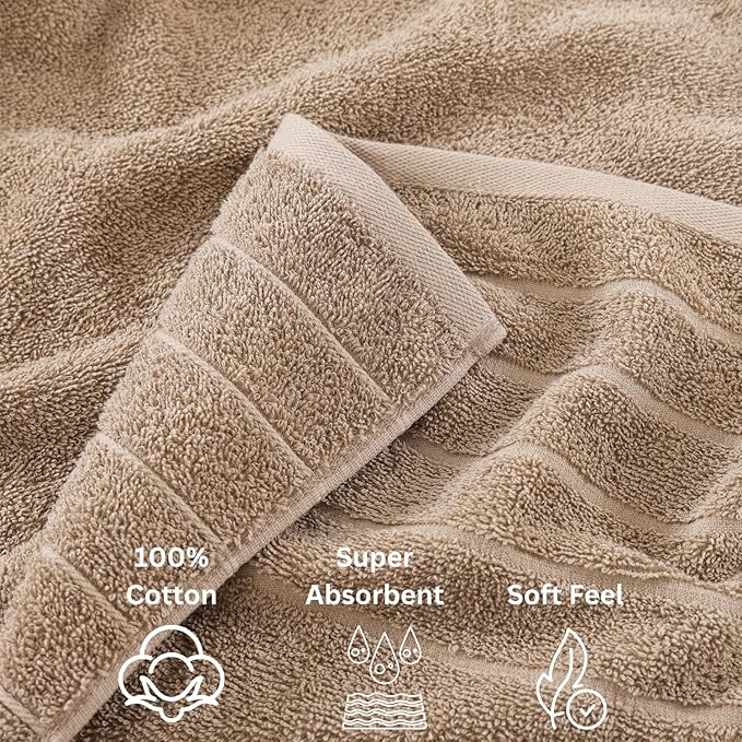 Casa Platino 100% Mercerized Cotton Bathroom Towel Set - 18 Pcs - Ring Spun, Super Soft & Highly Absorbent - 6 Large Bath Towels, 6 Washcloths, 6 Hand Towels - Wide Variety of Colours - Tawny Brown