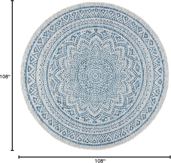 SAFAVIEH Washable Rug Outdoor Courtyard Collection - 9' Round, Light Grey & Blue, Non-Shedding & Easy Cleaning, Ideal for Patio, Backyard, Mudroom (CY8734-36812)