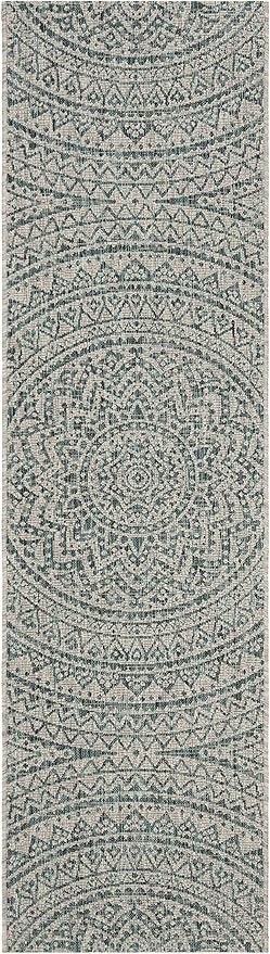 SAFAVIEH Washable Rug Outdoor Courtyard Collection - 2'3" x 16' Runner, Light Grey & Teal, Non-Shedding & Easy Cleaning, Ideal for Patio, Entryway, Mudroom, Hallway, Kitchen (CY8734-37212)