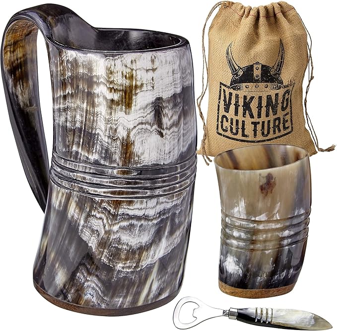 Viking Culture Ox Horn Mug, Shot Glass, and Bottle Opener (3 Pc. Set) Authentic 16-oz. Ale, Mead, and Beer Tankard | Vintage Stein with Handle | Custom Intricate Design - Polished Finish | The Ring