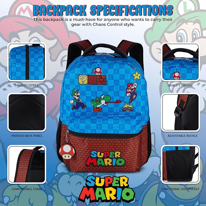 AI ACCESSORY INNOVATIONS Super Mario Brothers Backpack for Boys & Girls, 16 Inch Gaming Bookbag with Molded Toad Dangle, Blue, Featuring Mario, Luigi, Yoshi & Toad