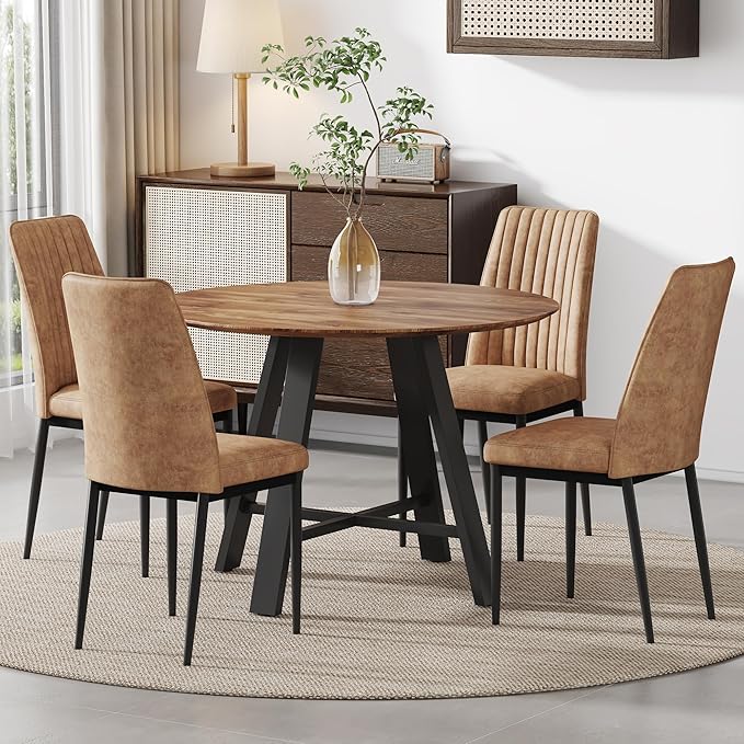 Round Dining Table Set for 4, Round Kitchen Table Chairs Set for 4,42" Modern Circle Dining Table Set for 4 with Leathaire Chairs for Small Space Kitchen Living Office Apartment