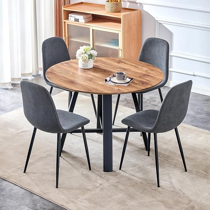 Round Dining Table Set for 4, 42" Kitchen Table with 4 Fabric Chairs, 5-Piece Modern Wood Dining Room Set for Small Space, Office or Kitchen