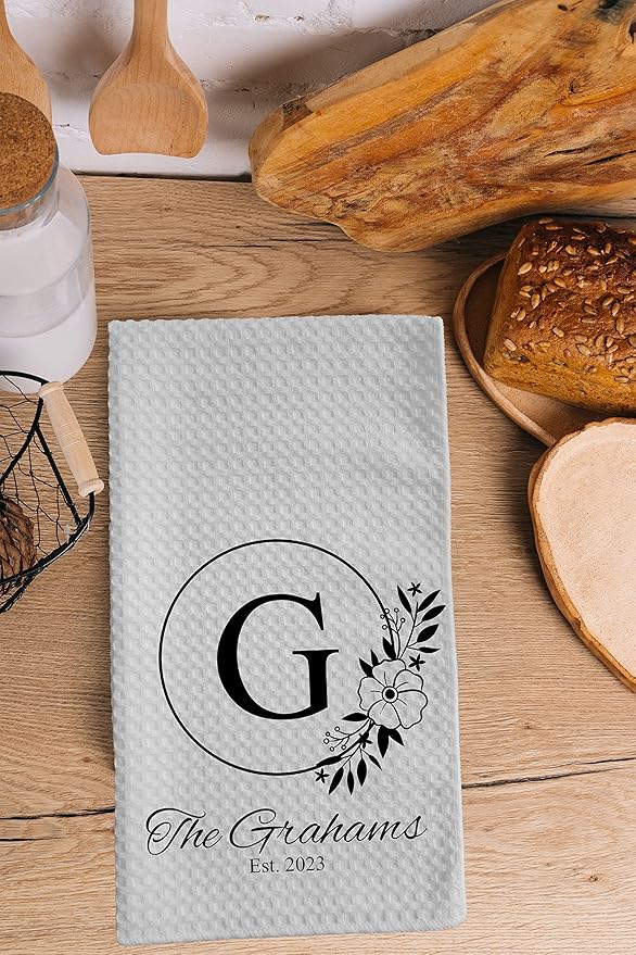 Personalized Kitchen Towel | Custom Tea Towel | Family Name Dish Towel | Kitchen Decor | Hand Towel | Housewarming Gift | Monogram Dishcloth (Wreath 3)