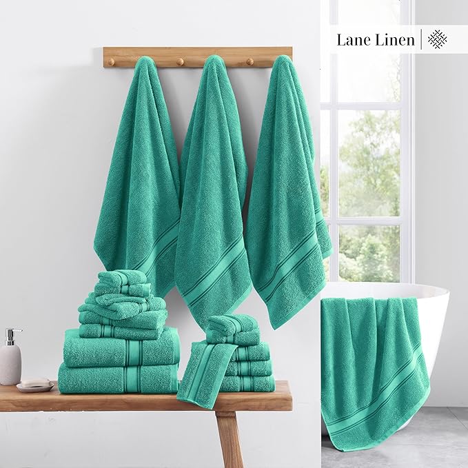 LANE LINEN Towels for Bathroom – 12 Pack, 100% Ring-Spun Cotton, Zero Twist, 4 Bath, 4 Hand Towel & 4 Wash Cloths, Highly Absorbent, Luxury Hotel & Spa Quality, Machine Washable – Teal