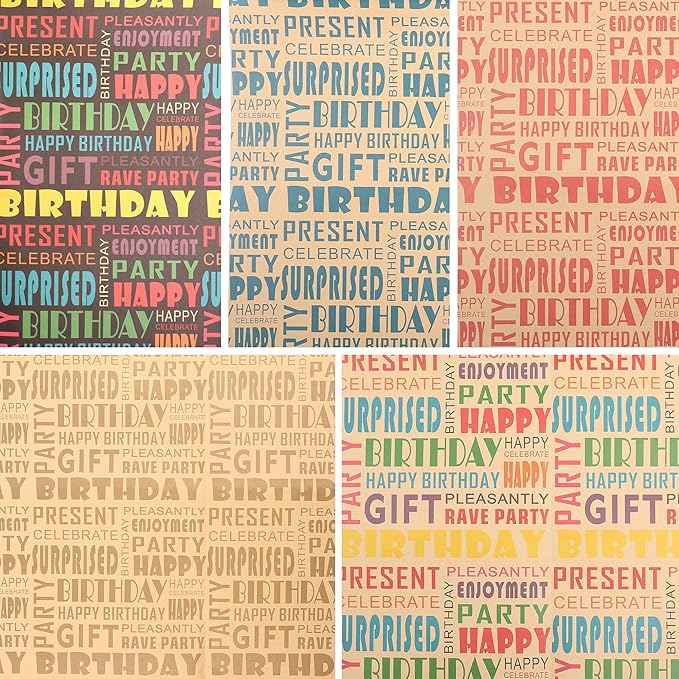 MAMUNU 10 Sheets Birthday Wrapping Paper, Colorful Happy Birthday Kraft Gift Wrapping Paper for Men Women Girls Boys, Recycled Brown Gift Wrap Paper Set with Tags Stickers, 20 x 28Inch