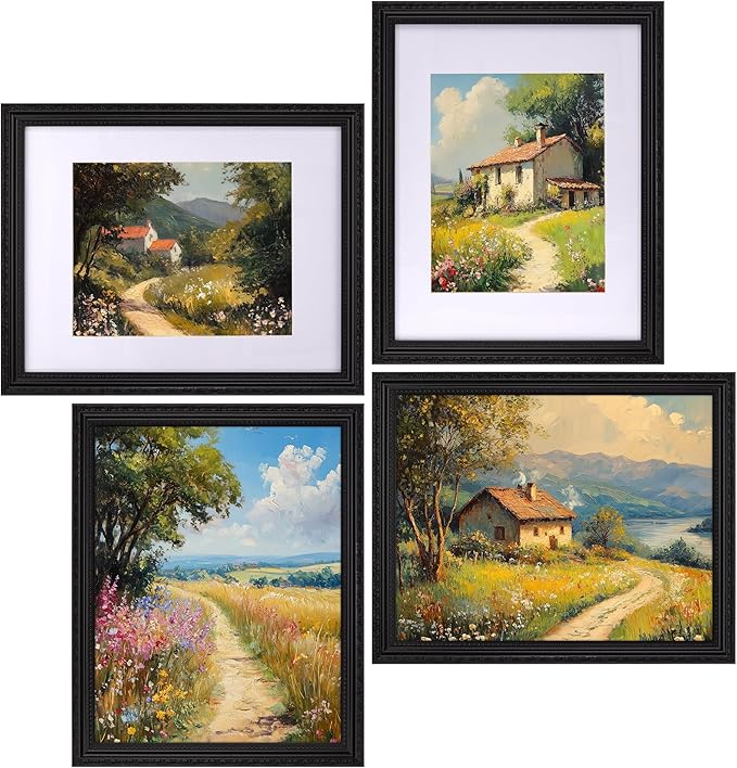 eletecpro 11x14 Picture Frames Set of 4, Vintage Photo Frame with Glass, Gothic Black Frames 11 x 14 Display 8x10 Photo with Mat or 11x14 without Mat for Tabletop or Wall Decor, Black