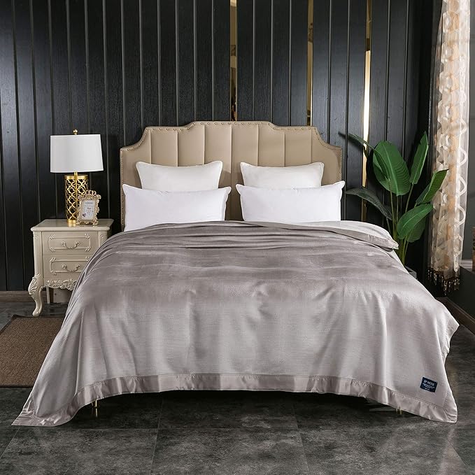 EP Mode Luxury Mulberry Silk Blanket with Silk Charmeuse Border (Flint Grey, Twin 66" x 88")